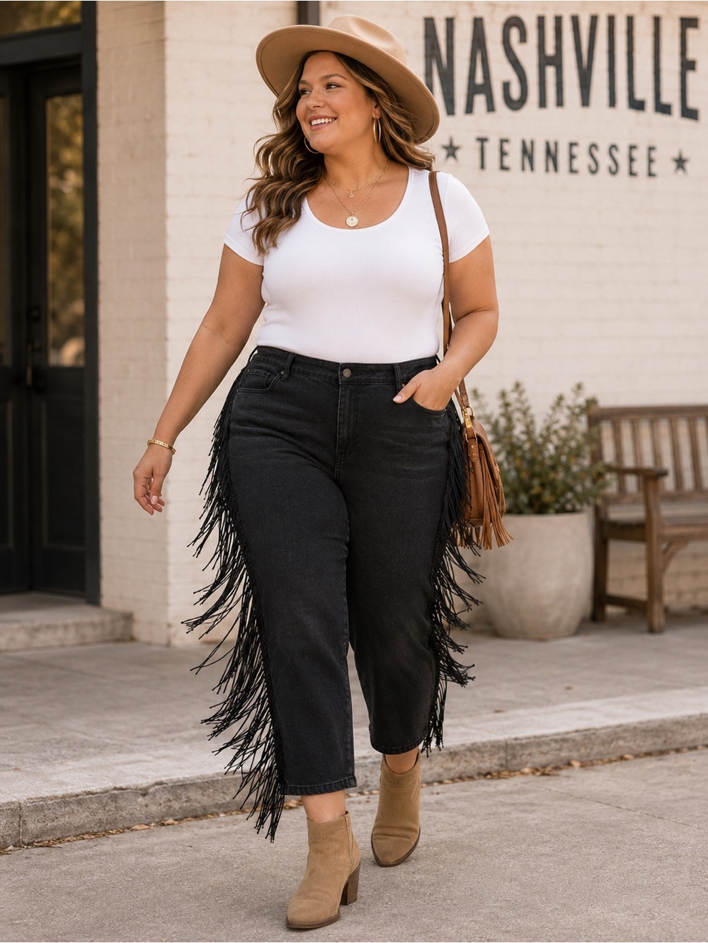 Black Fringe Side Cropped Jeans 4XL Plus Size Boho Western Festival Denim